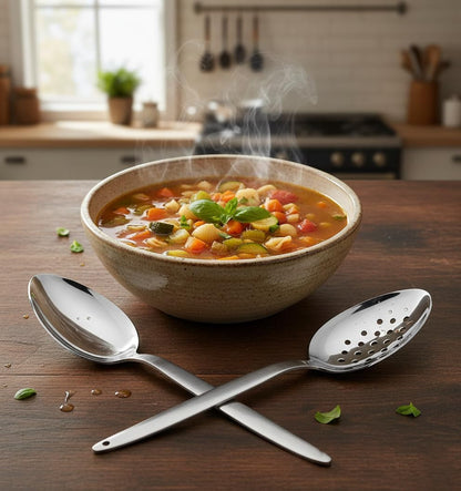 Kunz Perforated and Regular Set | Pack of 2 | 9 Inch 18/10 Stainless Steel Cooking Serving Spoon | Daily Chef, Basting, Quenelle, Saucing, Plating Spoon | Dishwasher Safe3