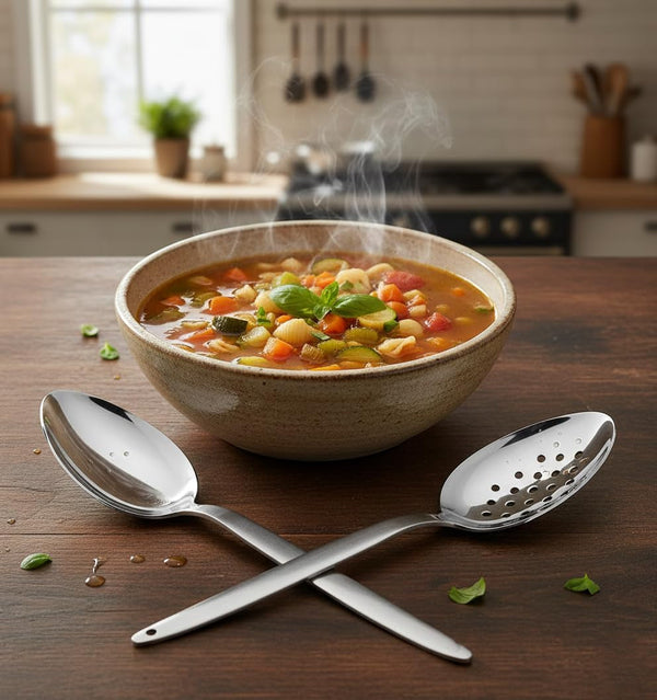 Kunz Perforated and Regular Set | Pack of 2 | 9 Inch 18/10 Stainless Steel Cooking Serving Spoon | Daily Chef, Basting, Quenelle, Saucing, Plating Spoon | Dishwasher Safe3