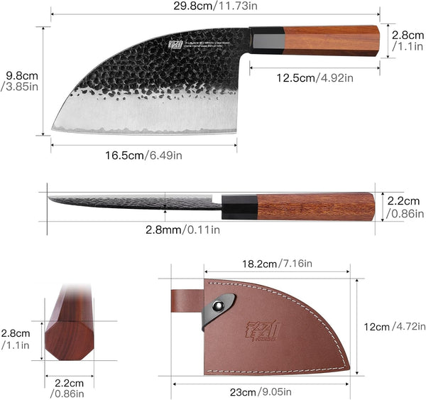 Serbian Chef Knife with Leather Sheath, 6.5 Inch High Carbon Steel Cleaver Knife, Hammered Blade, Octagonal Handle, for Meat, Vegetables, Poultry and Light Bones, Dynasty Series4