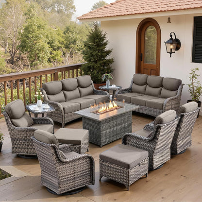 Luxury 6" Thick Cushioned 11 Pieces Patio Furniture Set with Fire Pit Table, Wicker Outdoor Conversation Set with High Back Swivel Rocker Chairs for Deck Porch Yard and Poolside - Grey+Grey1