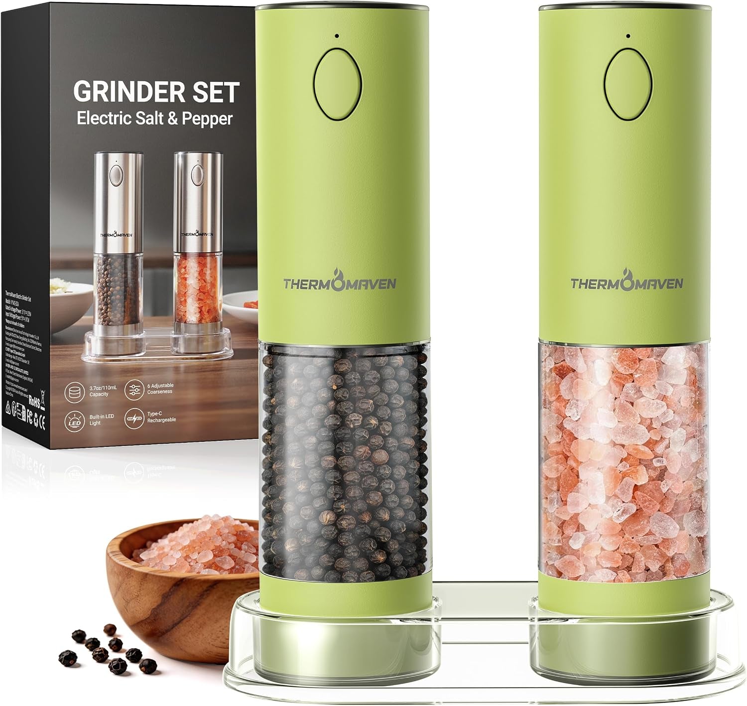 electric-salt-and-pepper-grinder-set-110ml-larger-rechargeable-automatic-salt-and-pepper-mill-grinder-with-6-adjustable-coarseness-electric-salt-and-pepper-shakers-led-pistachio