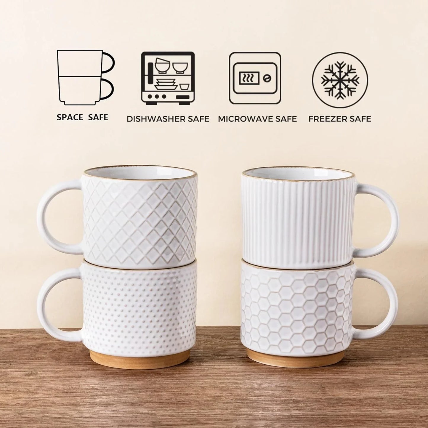 Set of four 12oz textured off-white ceramic coffee mugs with wooden bases stacked in pairs