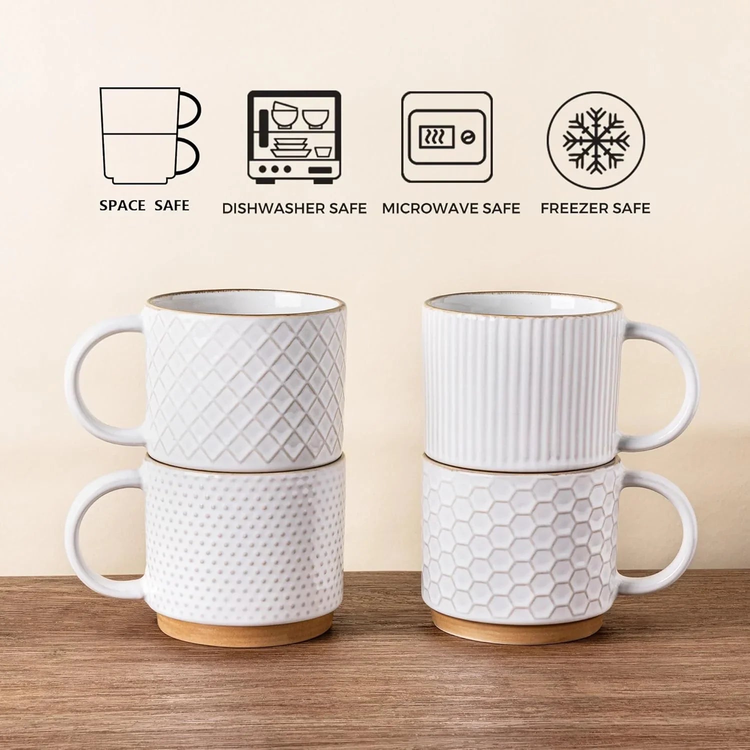 Set of four 12oz textured off-white ceramic coffee mugs with wooden bases stacked in pairs