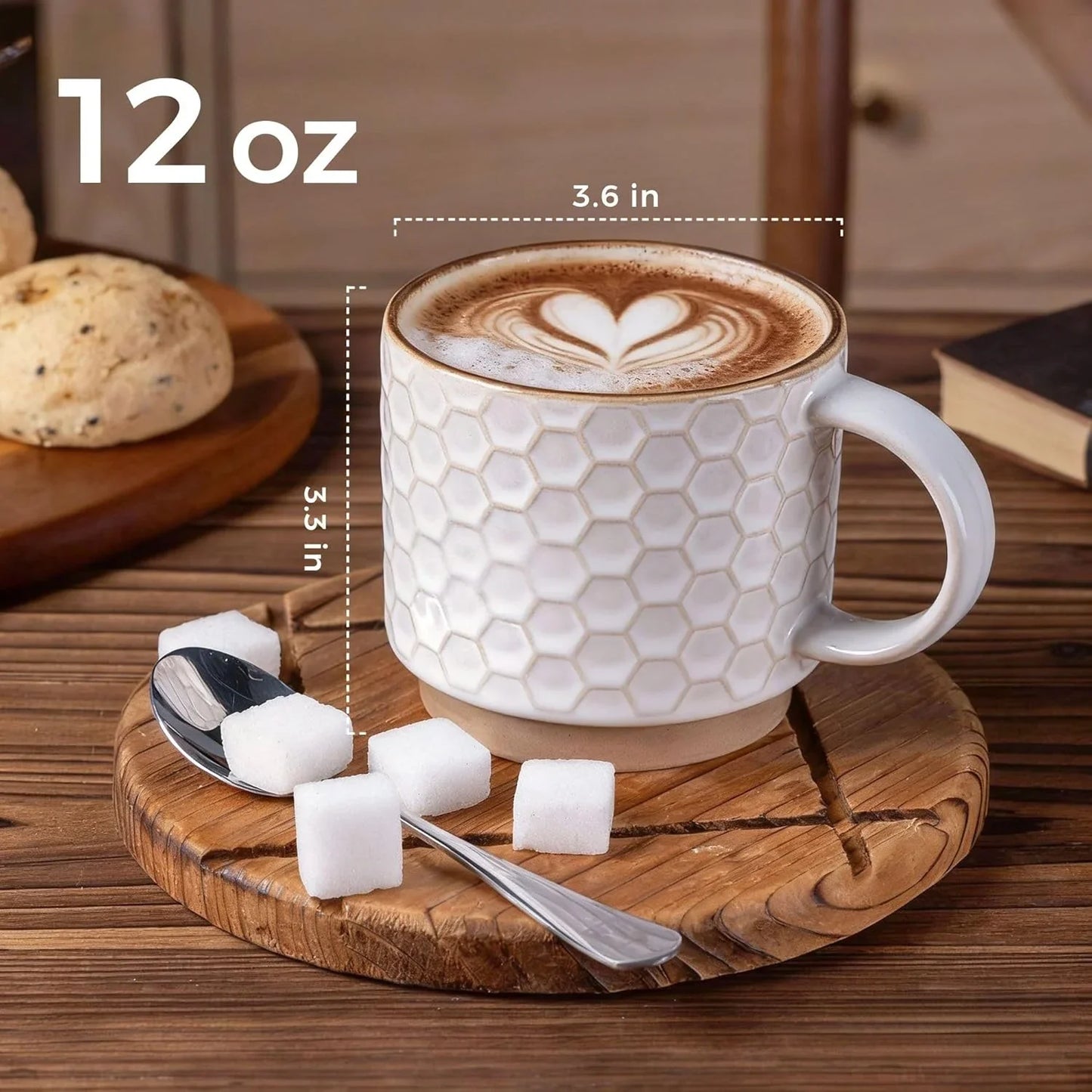 12oz textured off-white ceramic coffee mug with latte art on wooden coaster and sugar cubes