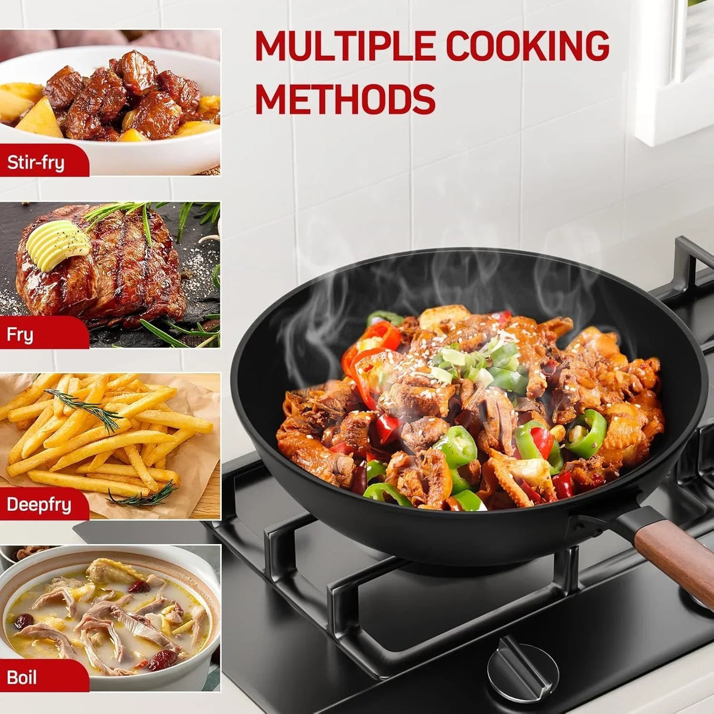 13-inch carbon steel wok with wooden handle cooking spicy stir-fry on gas stove, multiple cooking methods shown