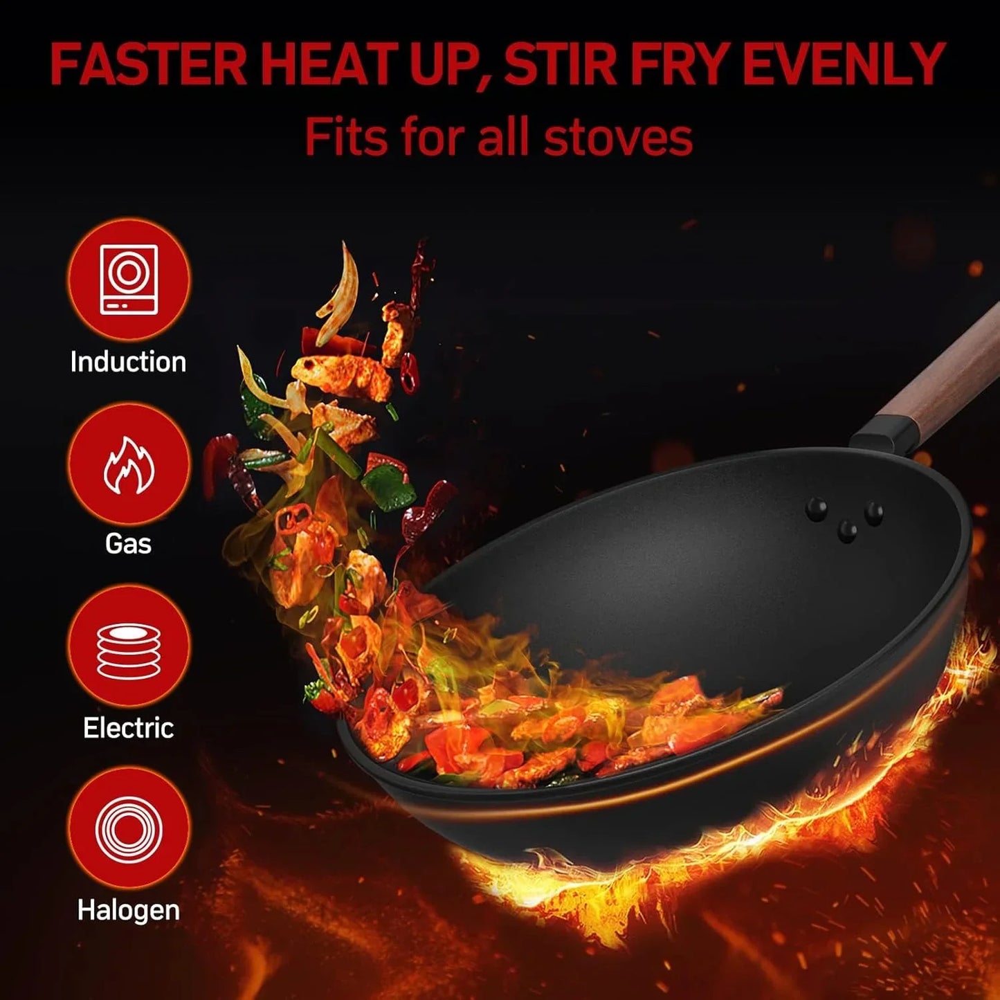 Black wok with wooden handle stir-frying vegetables over fire, compatible with induction, gas, electric, halogen stoves