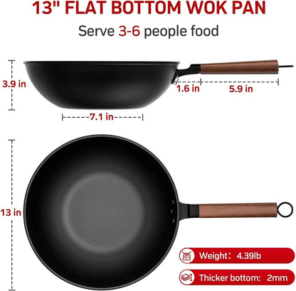 13-inch carbon steel flat bottom wok with wooden handle, 3.9 inch deep, 4.39 lb weight