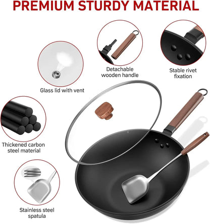 13-inch black carbon steel wok with glass lid, detachable wooden handle, and stainless steel spatula