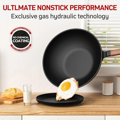 13-inch carbon steel wok with wooden handle flipping fried egg onto black plate on kitchen counter