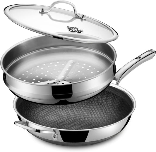 Stainless steel cookware set with a lid on a white background