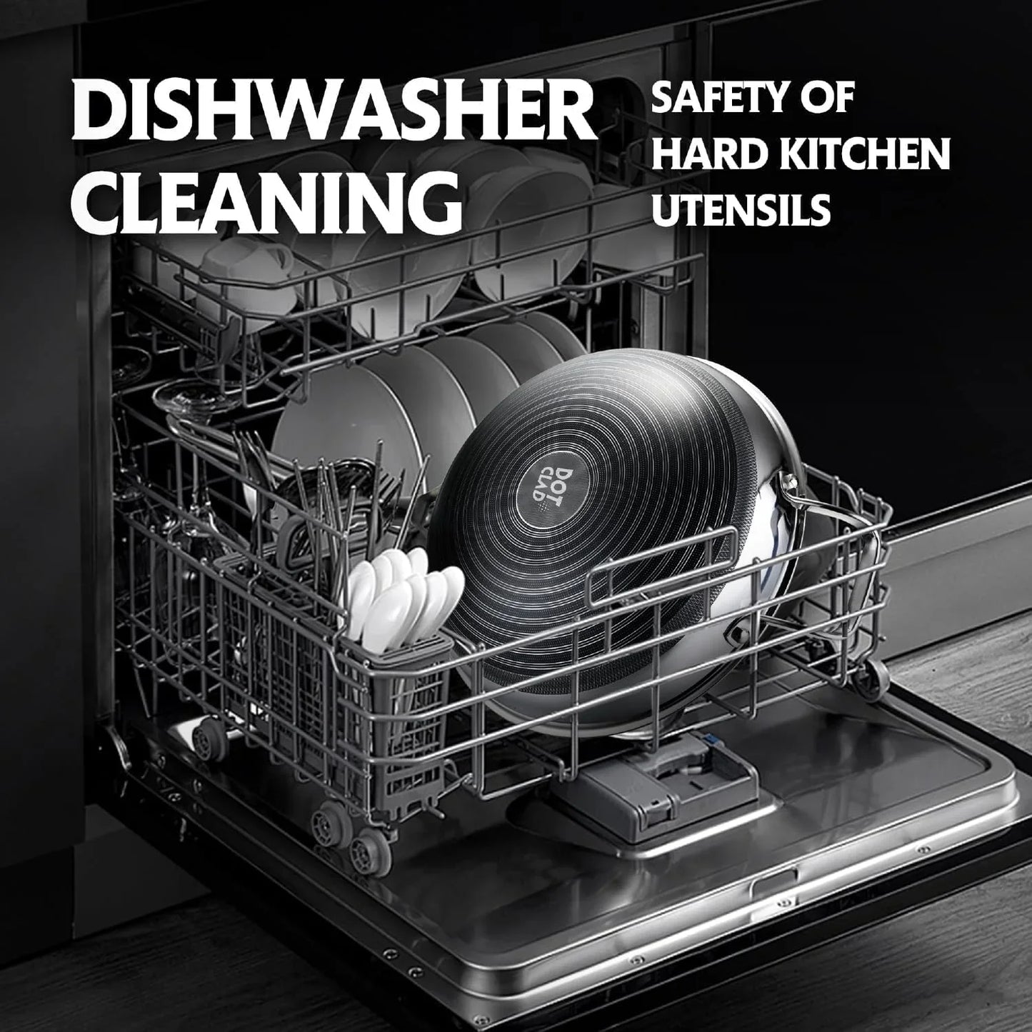 Open dishwasher loaded with plates, spoons, and a black frying pan showing safe cleaning of hard kitchen utensils