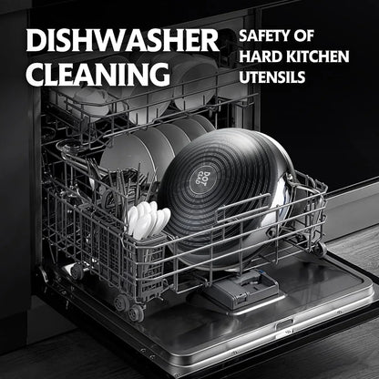 Open dishwasher loaded with plates, spoons, and a black frying pan showing safe cleaning of hard kitchen utensils