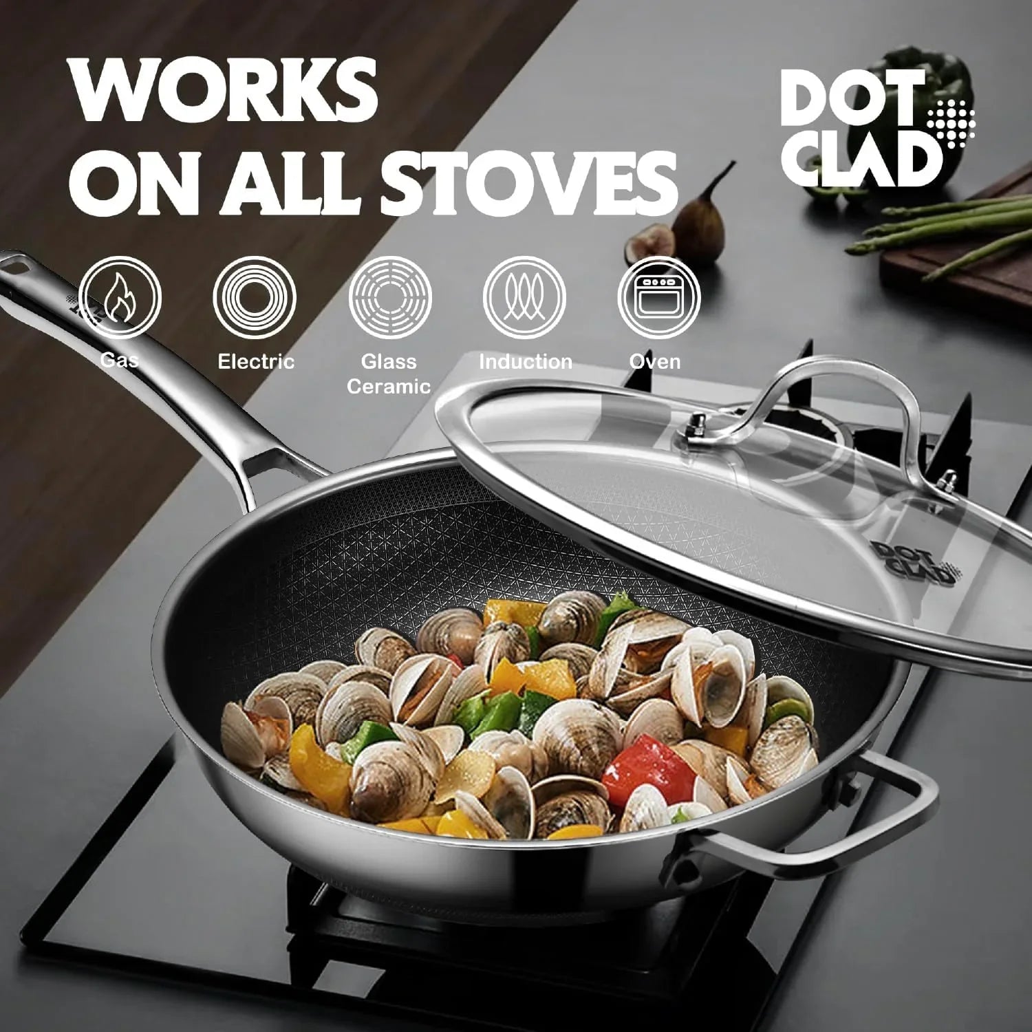 13-inch hybrid stainless steel wok with lid cooking clams and vegetables on gas stove