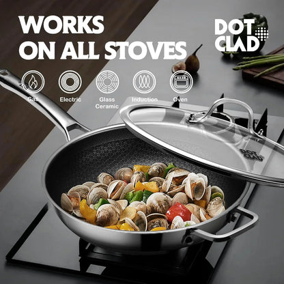 13-inch hybrid stainless steel wok with lid cooking clams and vegetables on gas stove