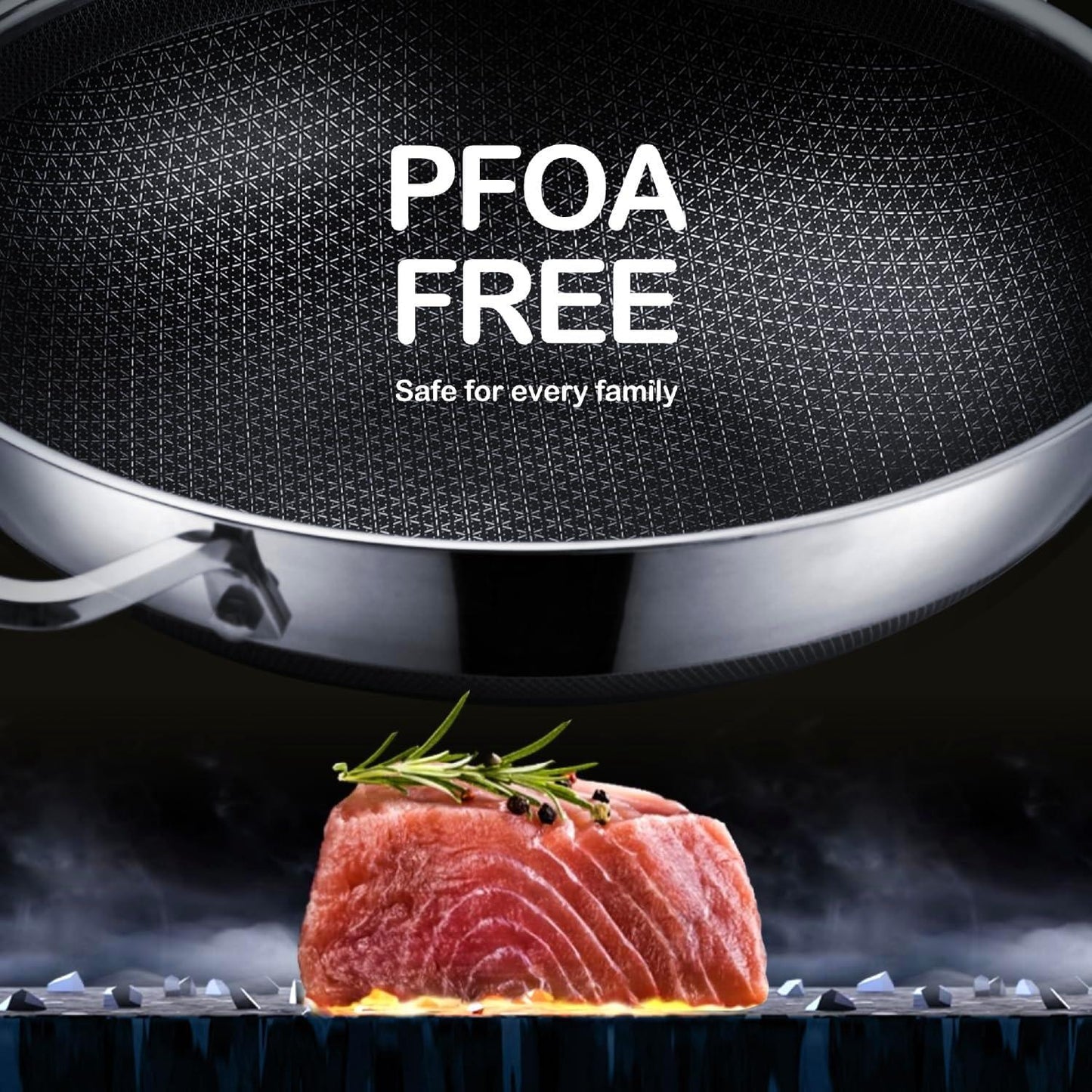 Nonstick stainless steel frying pan with PFOA free label above seared salmon steak garnished with rosemary