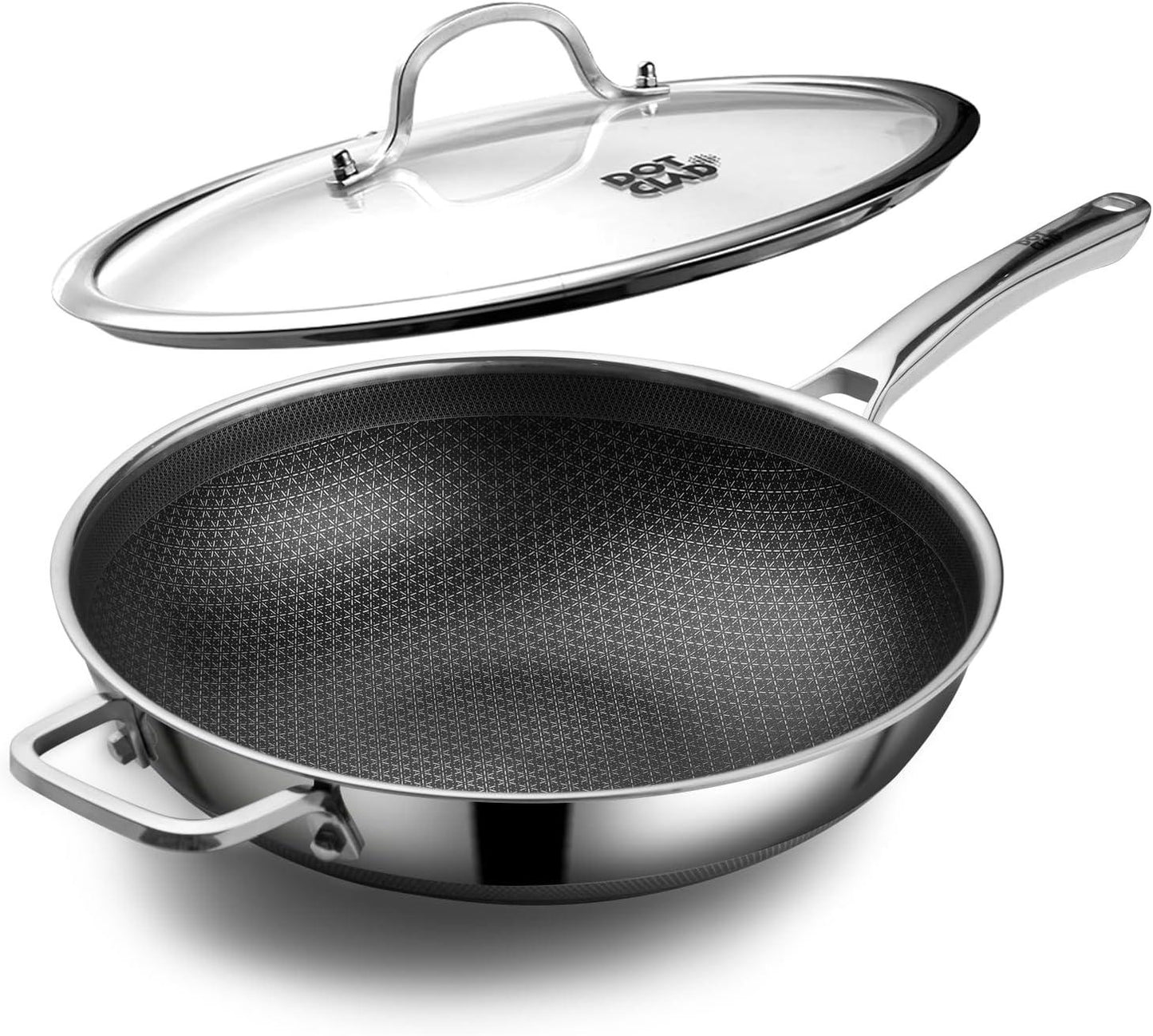 13-inch hybrid stainless steel wok with non-stick patterned interior and glass lid with handle