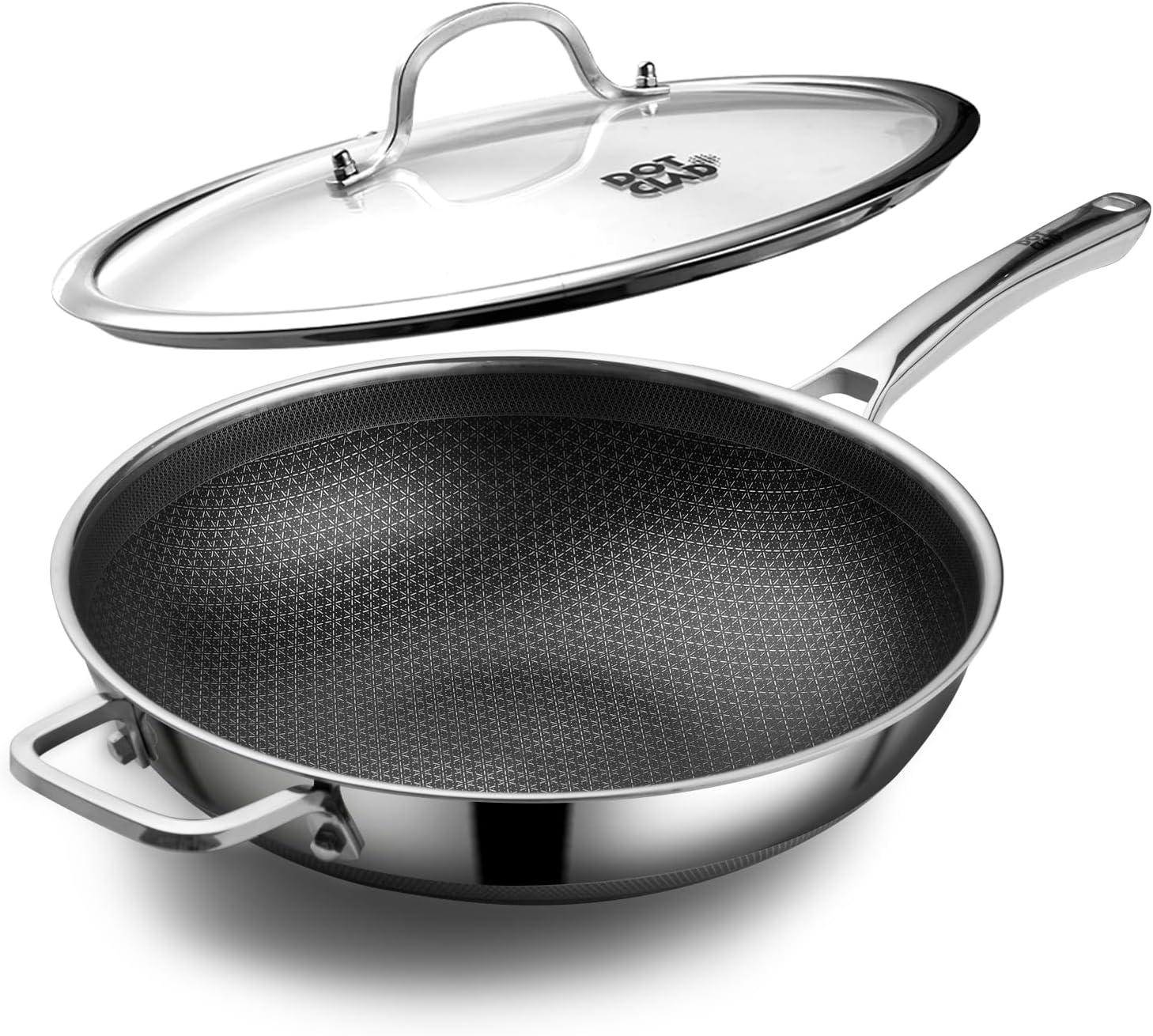 13-inch hybrid stainless steel wok with non-stick patterned interior and glass lid with handle