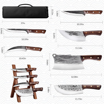Butcher Knife Set with Roll Bag, Hand Forged Sharp Kitchen Knife Set | High Carbon Steel 7PCS Meat Cleaver Knife, Bone Chopper Knives, Fillet Knives for Kitchen, Camping BBQ, Gift for Men2