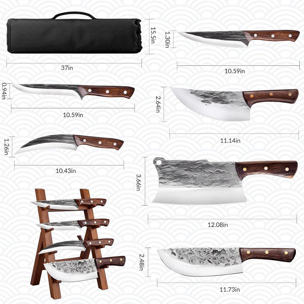 Butcher Knife Set with Roll Bag, Hand Forged Sharp Kitchen Knife Set | High Carbon Steel 7PCS Meat Cleaver Knife, Bone Chopper Knives, Fillet Knives for Kitchen, Camping BBQ, Gift for Men2