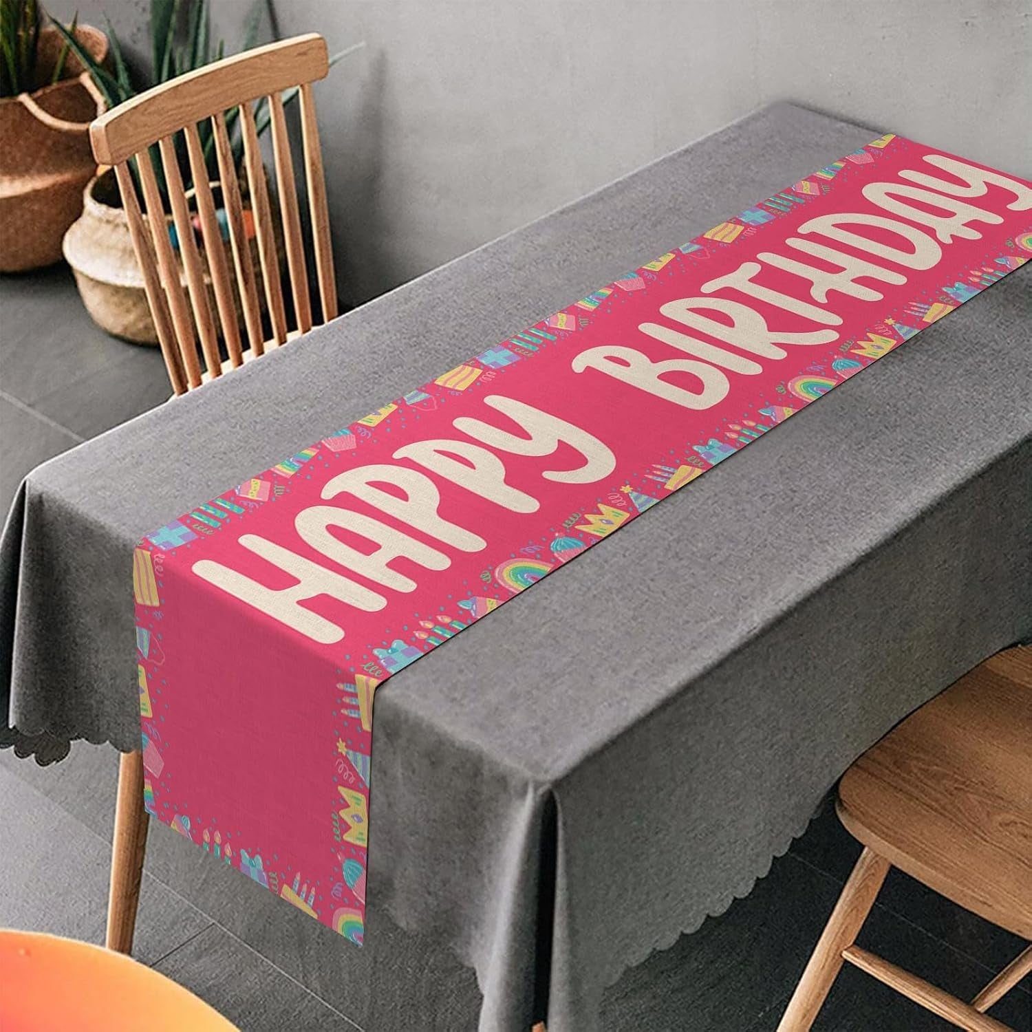 happy-birthday-table-runner-13x72-inch-pink-birthday-cake-box-candle-rainbow-farmhouse-polyester-linen-table-decoration-for-kitchen-dinning-indoor-outdoor-home-dinner-party-red
