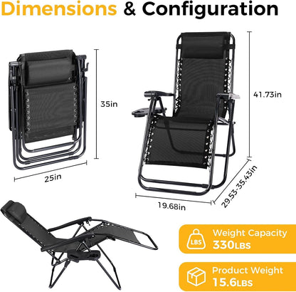 Zero Gravity Chairs Set of 2, Lounge Chair Folding Portable Adjustable Camping Reclining Chairs with Adjustable Pollow, Mesh Back, Cup Holder Trays Lawn Patio Chair for Pool Beach | Portable Lawn Camping Recliner with Adjustable Pillow, Mesh Back, Cup Hol3