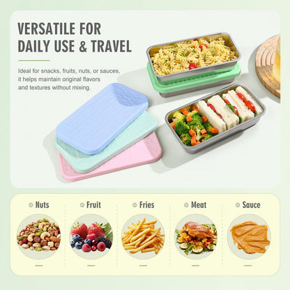 4 Pack Stainless Steel Snack Containers, Leak-Proof 2 Compartment Lunch Boxes with Silicone Lids, Reusable Metal Snack Box for Meal Prep, Travel, Outdoor & Daily Use (2 Compartments – A)4