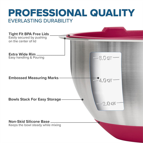 Viking Mixing Bowls Set, 10 Piece Stainless Steel Kitchen Cookware, Non-Slip Silicone Base, Includes Tight Fit Lids, Dishwasher Safe, Red3