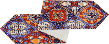Mexican Talavera Ceramic Tile Pattern Linen Table Runners Dinner Table Setting Dresser Scarves Farmhouse Style for Party Holidays Home Kitchen Decoration (Talavera Colour, 13"X 71")4