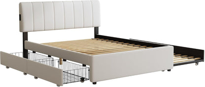 Queen Size Upholstered Platform Bed W/Trundle Bed & 2Storage Drawers9