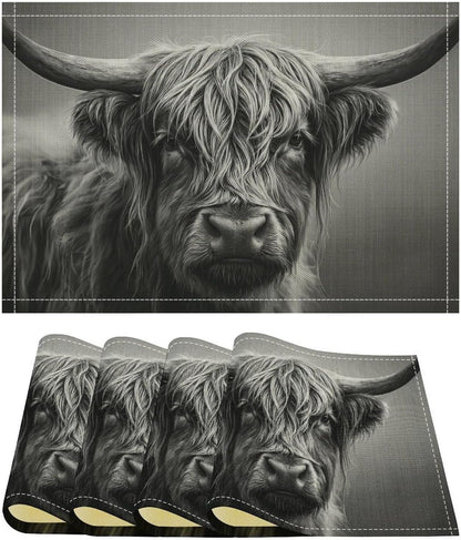 Highland Cattle Placemats Set of 4, Farm Rustic Black White Animals Western Rustic Art Printed Dining Table Mats for Party Restaurant Home Kitchen Holiday Decor 18X12 Inch2