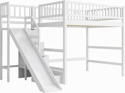 Full Size Loft Bed with Storage Staircase, Slide & LED Light, Wooden Bunk Bed for Bedroom with Built-In Shelves, White8