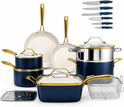 20Pcs Pots and Pans Set Non Stick Ceramic Cookware Set with Deep Frying Pan Set & 6Pc Knife Set, Improved Ti-Cerama Coating Made without PFOA PFOS Lasts 2X Longer, Oven & Dishwasher Safe1