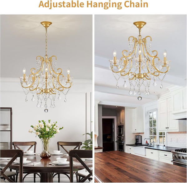 Crystal Chandelier, 5-Light Gold Chandelier for Dining Room Light Fixture, K9 Crystal Pendant Ceiling Light Fixture, Modern Candle Chandelier for Living Room Kitchen Island Entryway Bedroom7