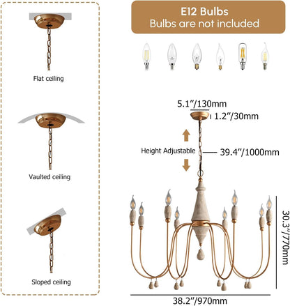 38.2" French Country Chandelier, Modern Farmhouse 8-Light Candle-Style Chandeliers Wood Pendant Light Fixture for Dining Room Living Room6