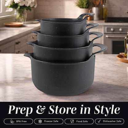 Nesting Plastic Mixing Bowl Set with Pour Spouts and Handles, Black Speckled, 4 Piece Non-Slip3