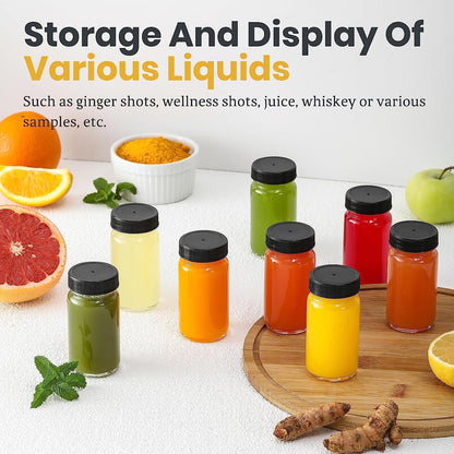 15 Pack 2 Oz Glass Shot Mini Bottles W/Black Lids & 15 Labels - Small Clear Jar for Ginger, Wellness Shot, Juice, Sample, Whiskey - Travel Essentials - Wide Mouth, Leakproof, Dishwasher Safe6