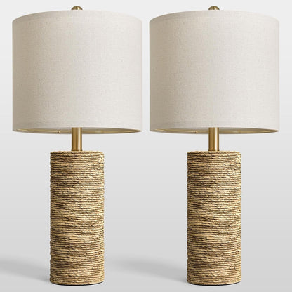 Boho Lamps Set of 2, 25.5" Coastal Farmhouse Bedside Lamps, Resin Woven Rattan-Look Nightstand Lamps with Linen Shade & Rotary Switch for Bedroom Living Room Home Decor8