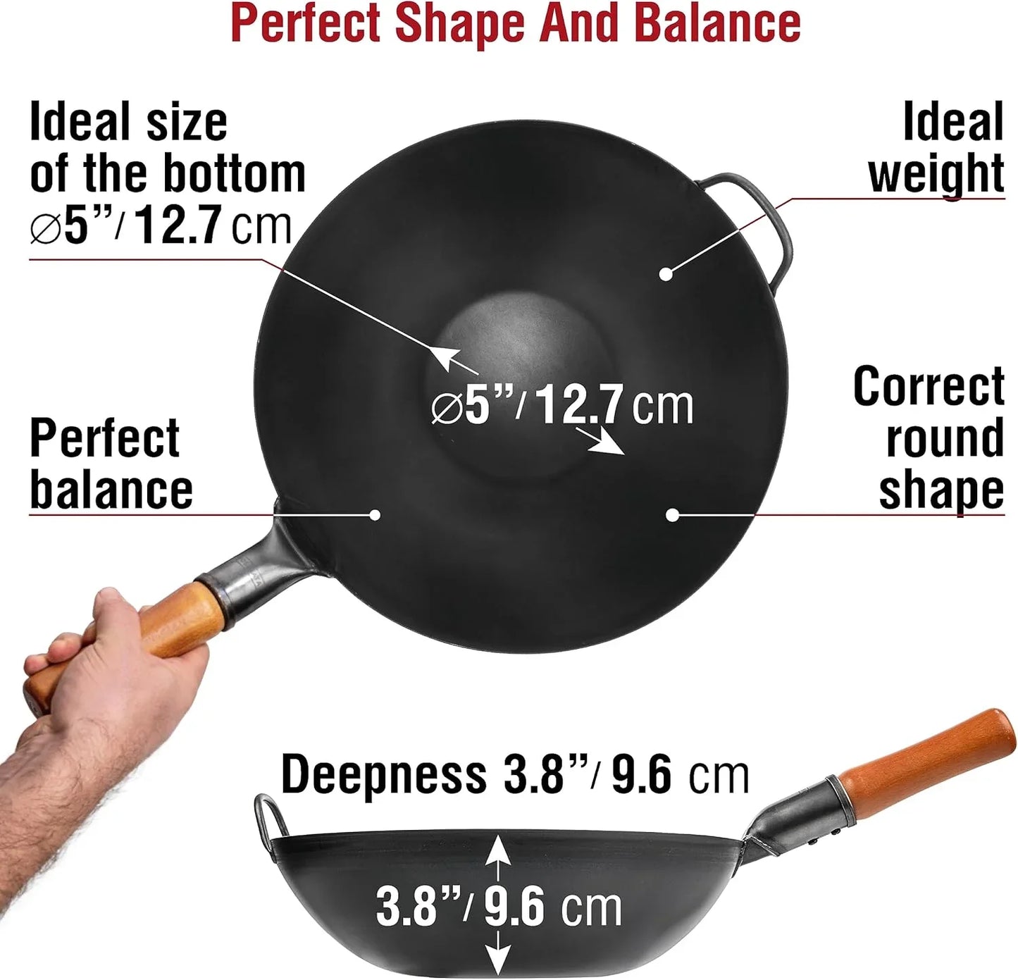 Pre-seasoned 13.5-inch carbon steel wok with wooden handle showing 5-inch flat bottom and 3.8-inch depth