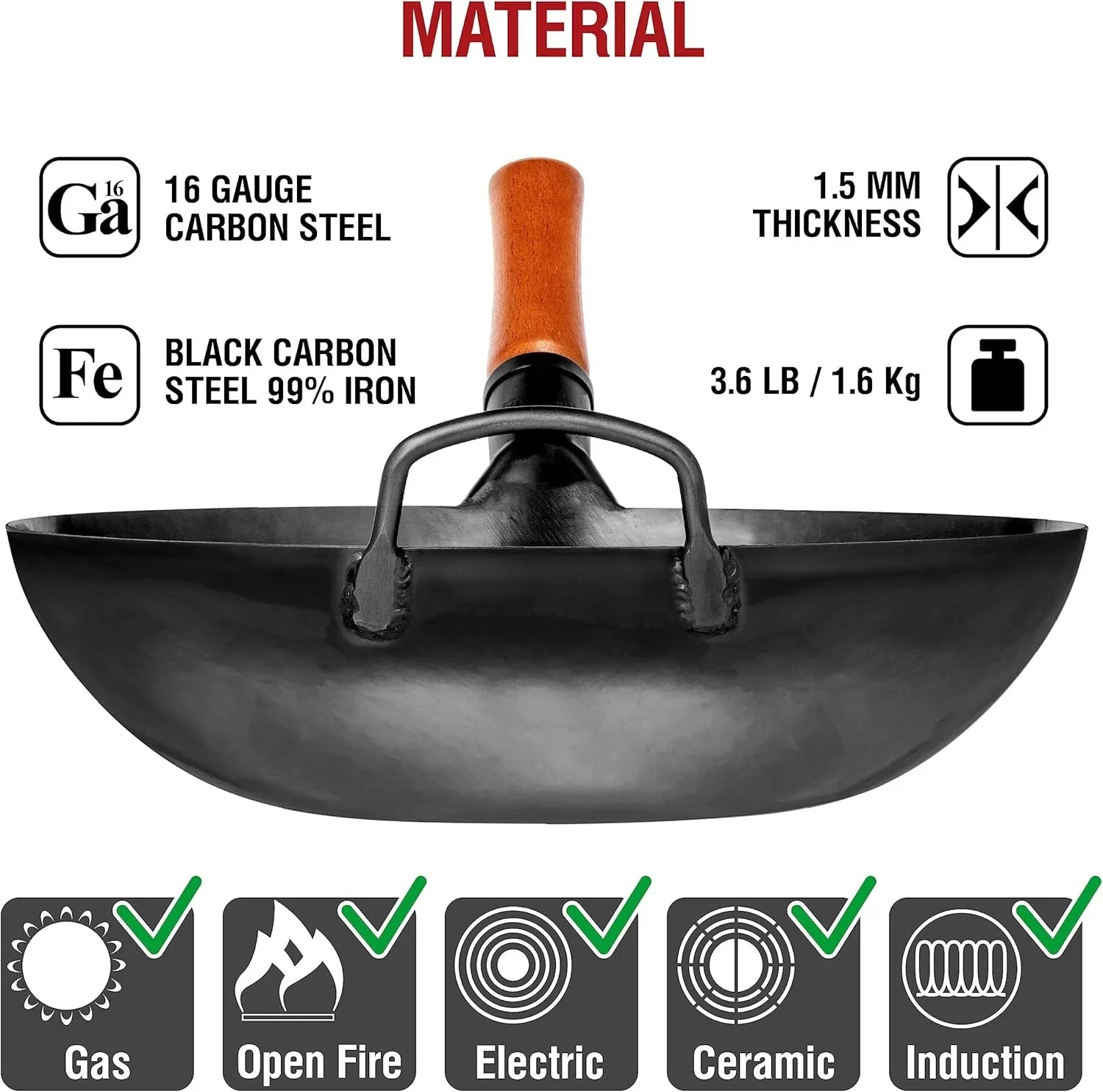 16 gauge black carbon steel wok pan with wooden handle, flat bottom, compatible with gas, electric, ceramic, induction