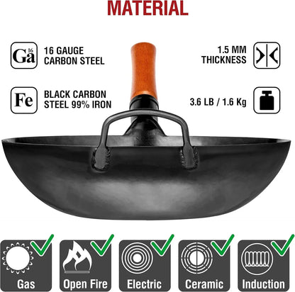 16 gauge black carbon steel wok pan with wooden handle, flat bottom, compatible with gas, electric, ceramic, induction