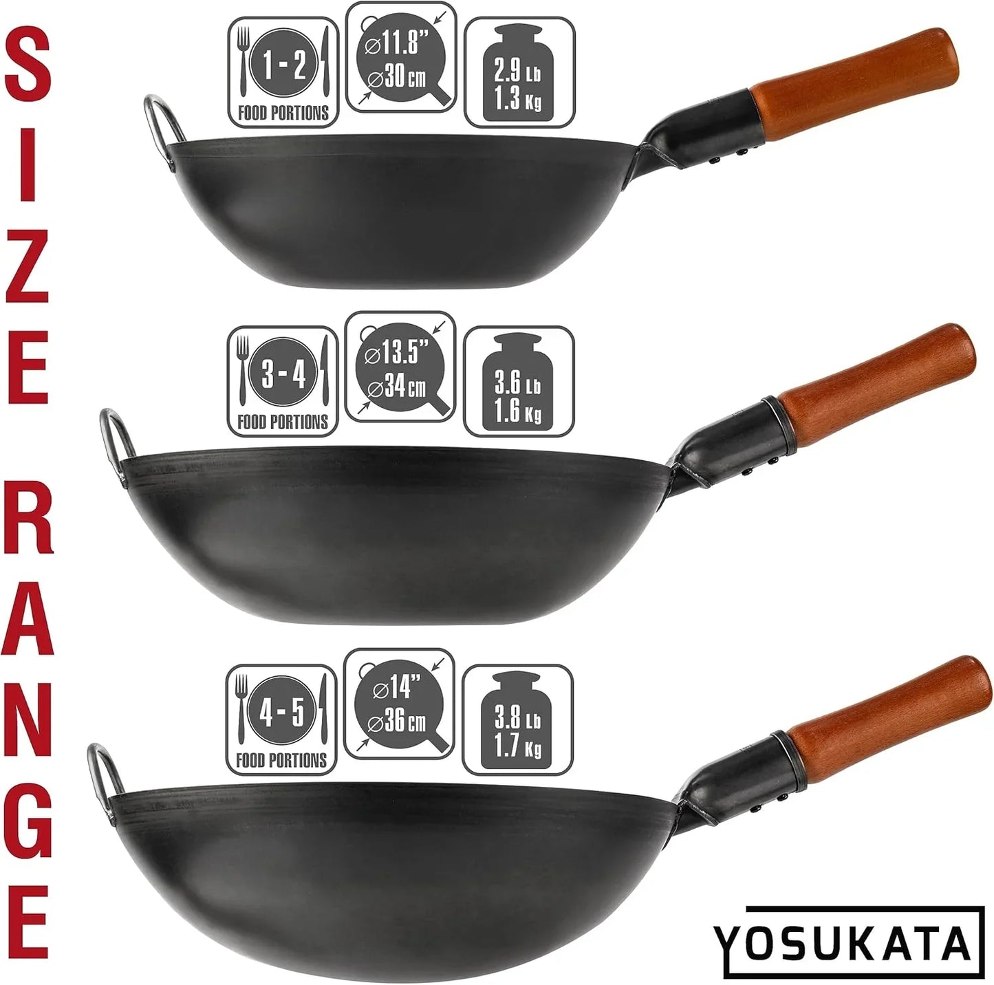Set of three pre-seasoned black carbon steel woks with wooden handles, varying sizes 11.8, 13.5, 14 inches for 1-5 food portions