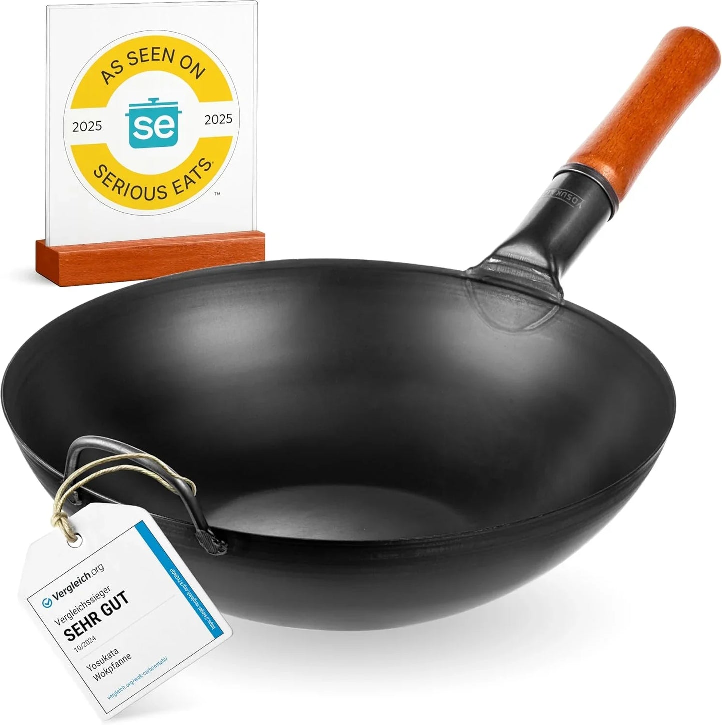 1.35 inch carbon steel wok pan with wooden handle and award tags for quality and serious eats