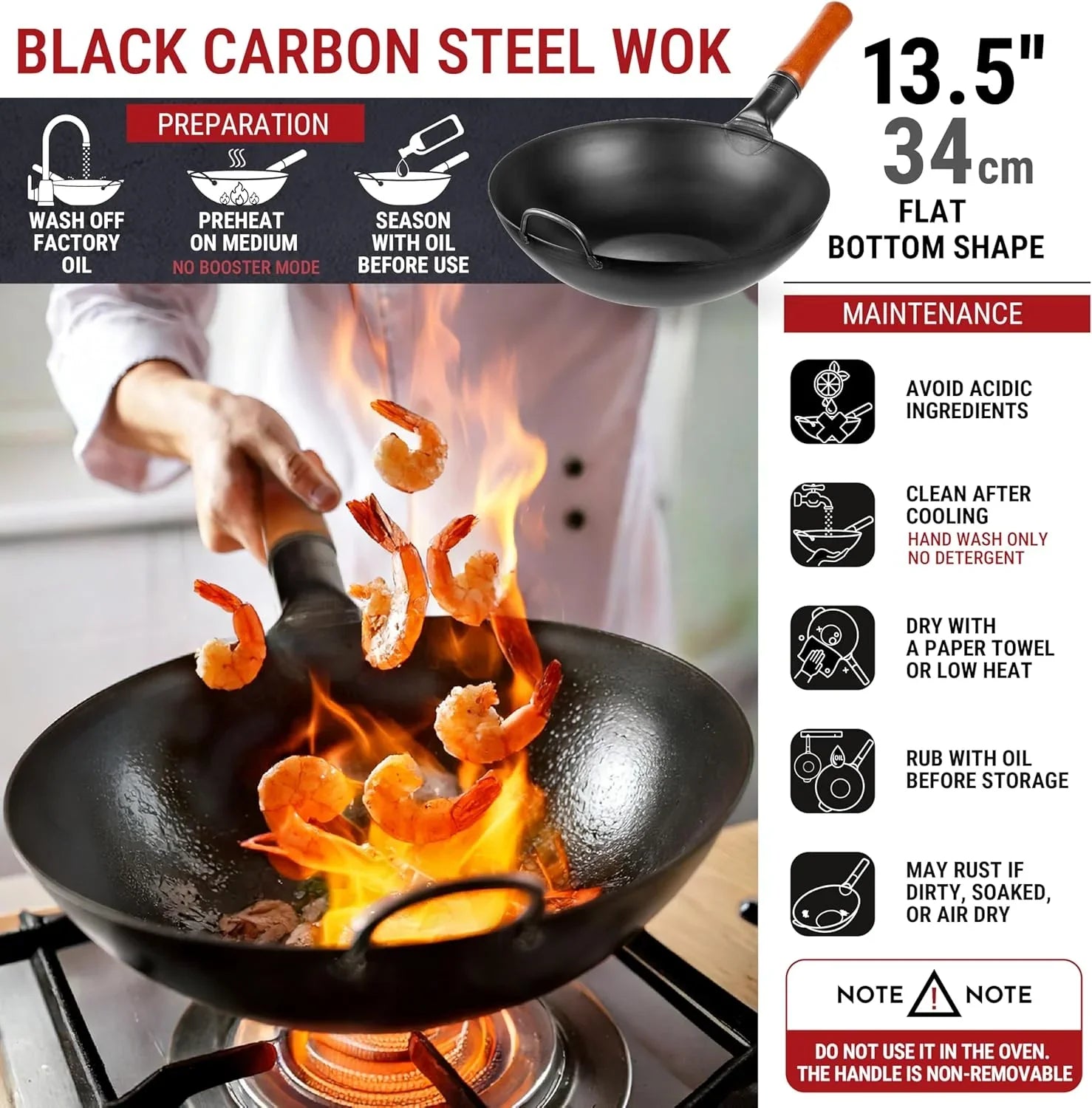 13.5-inch black carbon steel wok with wooden handle cooking shrimp over gas flame