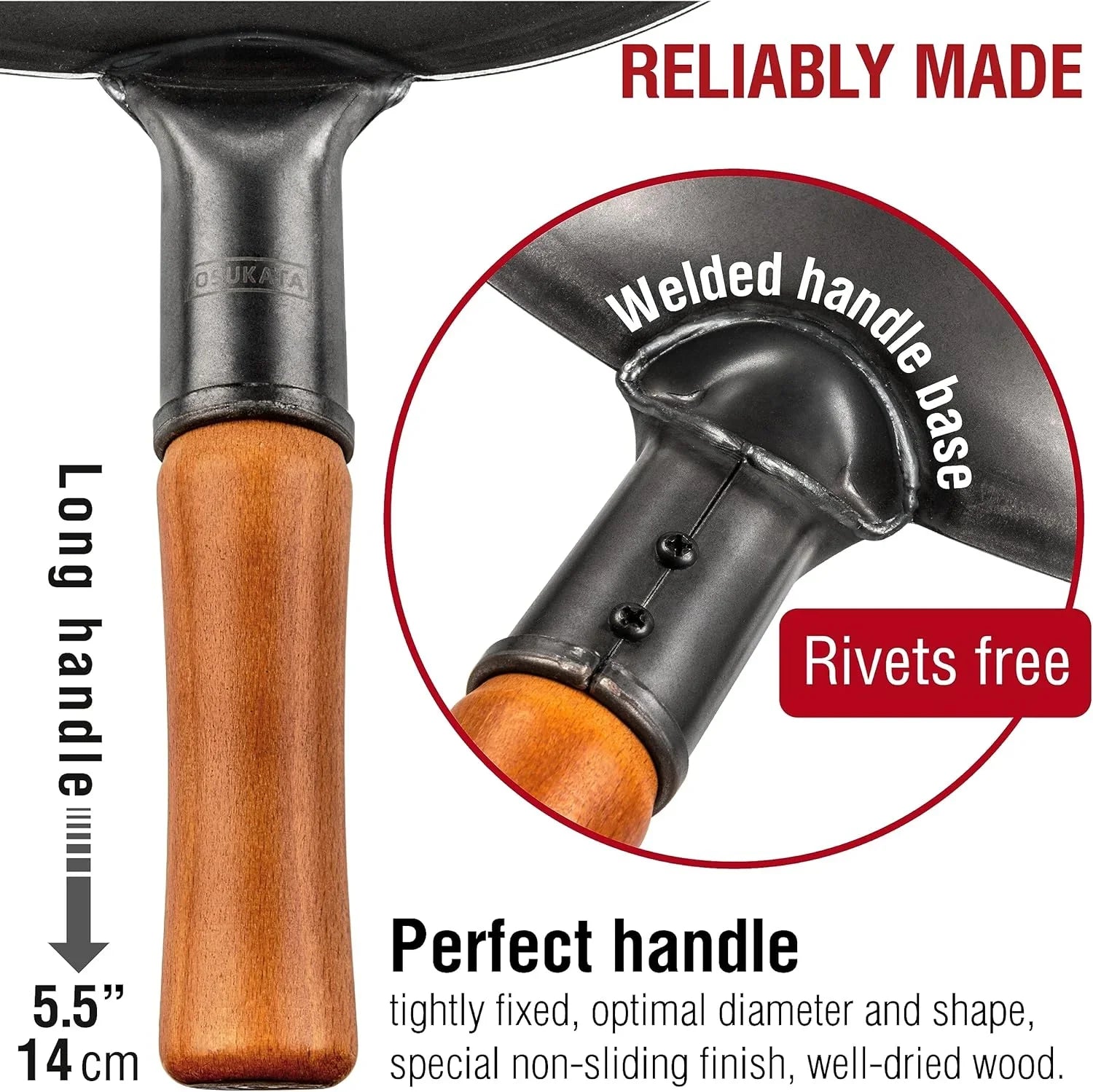 Close-up of a 5.5-inch wooden handle with welded steel base and rivet-free design on a carbon steel wok