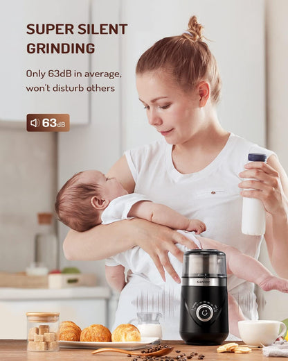 Electric Super Silent Blade Coffee Grinder, Timed Grind Control Rotary Knob, Adjustable Coarse to Fine for Coffee Beans, Spices & Herbs, with 1 Removable Stainless Steel Bowl, Black3