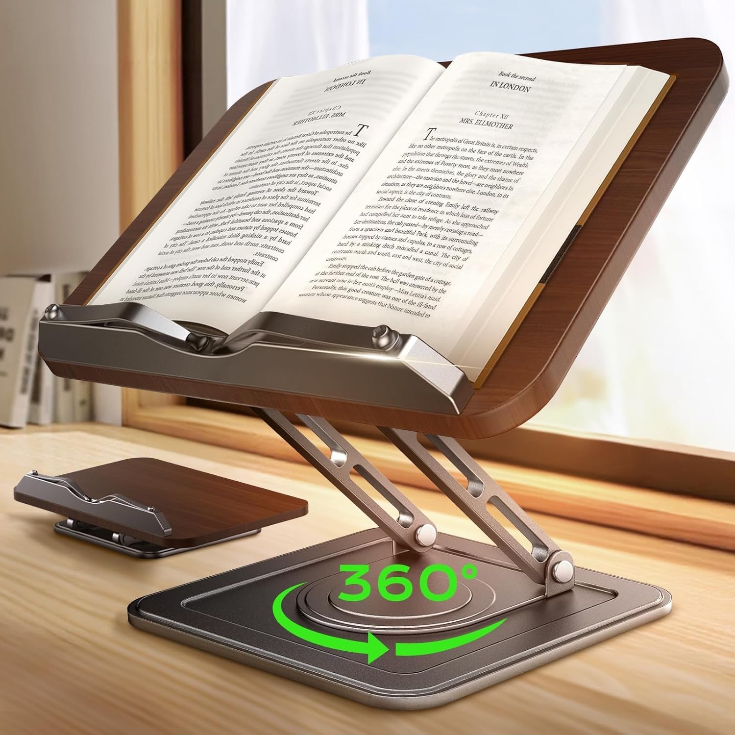 book-stand-for-reading-360-rotating-holder-with-page-clip-ergonomic-adjustable-height-angle-hands-free-anti-slip-base-fits-tablets-cookbooks-magazines-laptops-wood-and-metal-black