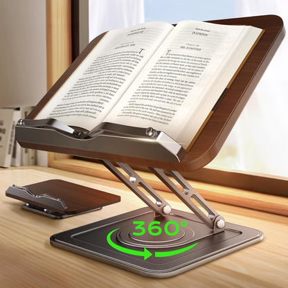 Book Stand for Reading, 360° Rotating Holder with Page Clip, Ergonomic | Adjustable Height Angle, Hands-Free, Anti-Slip Base, Fits Tablets Cookbooks Magazines Laptops, Wood and Metal, Black1