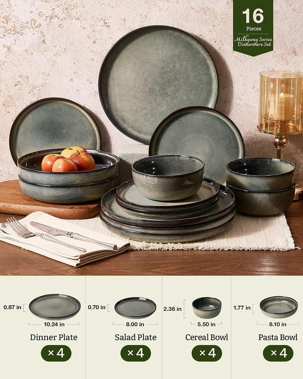 Milkyway 16-Piece Dinnerware Set with Pasta Bowls, Greenish Brown2