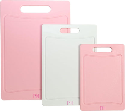 Cutting Boards for Kitchen, Reversible Dual Sided Plastic Cutting Board Set with Juice Grooves, Easy Grip Handle, Heavy Duty and Made without BPA, Dishwasher Safe, 3-Piece, Pink and Cream1