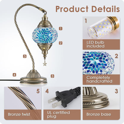 Turkish Moroccan Lamp with Bronze Base 3 Color Options Handmade Swan Neck Mosaic Glass Bedside Lamps for Bedroom (LED Bulb Included)(Blue2)5